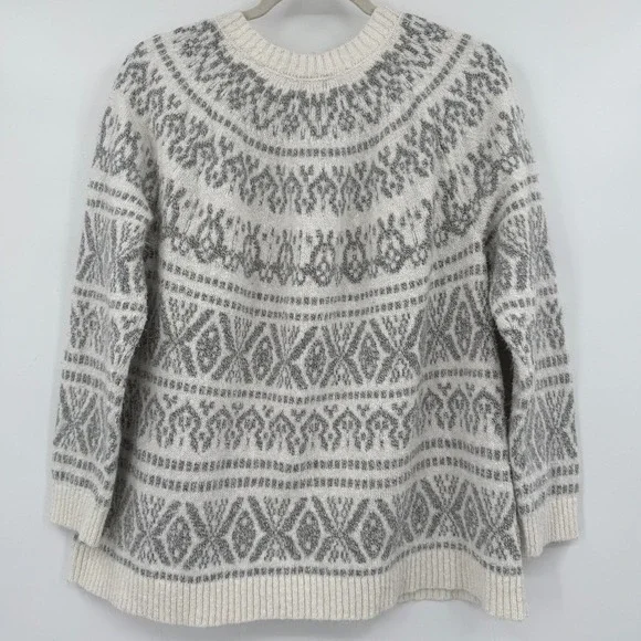 J.Jill Womens‎ Sweater Large Ivory Gray Fair Isle Crewneck Knit Pullover - Picture 2 of 13
